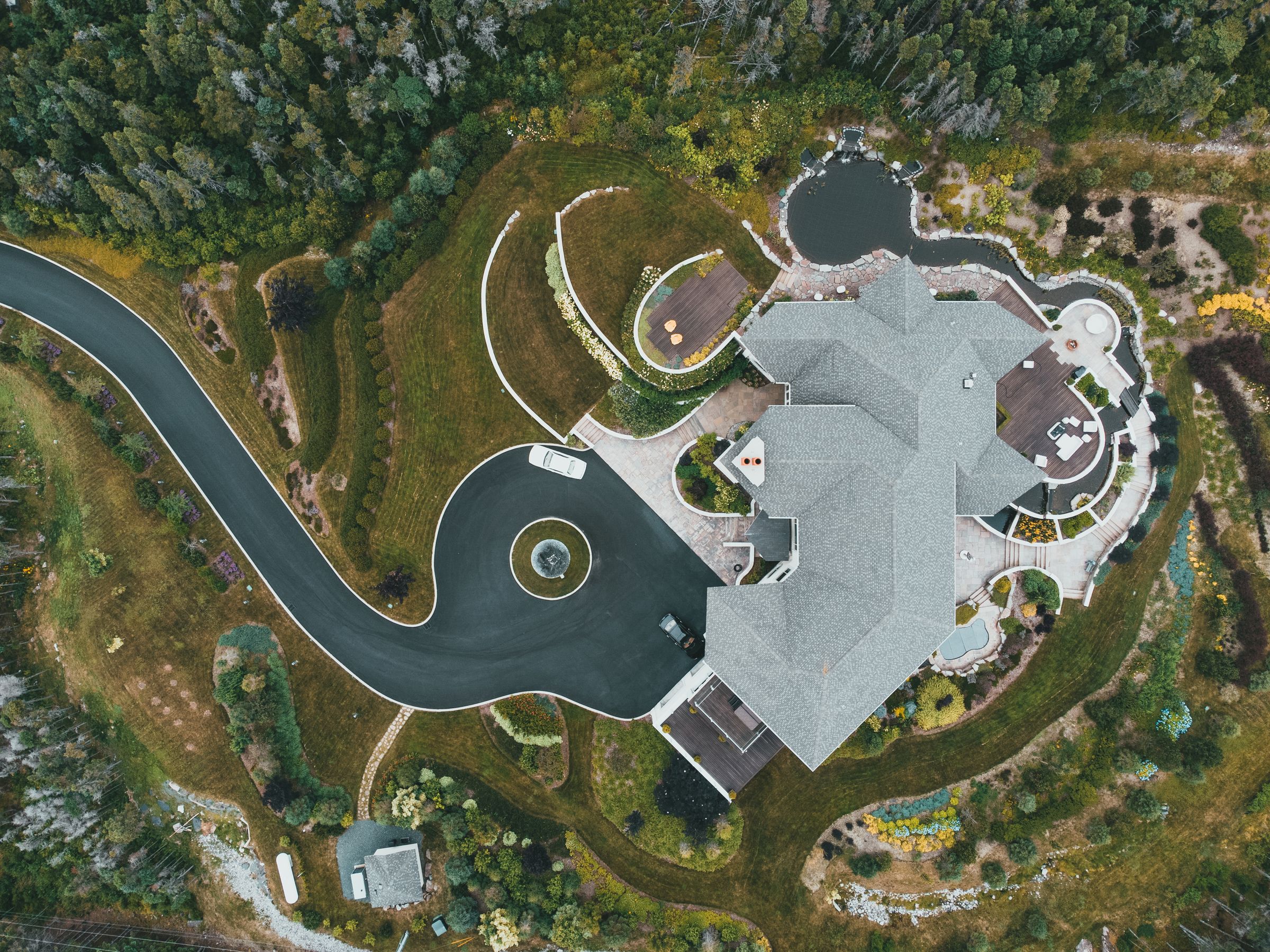 Aerial view of a landscaped estate garden